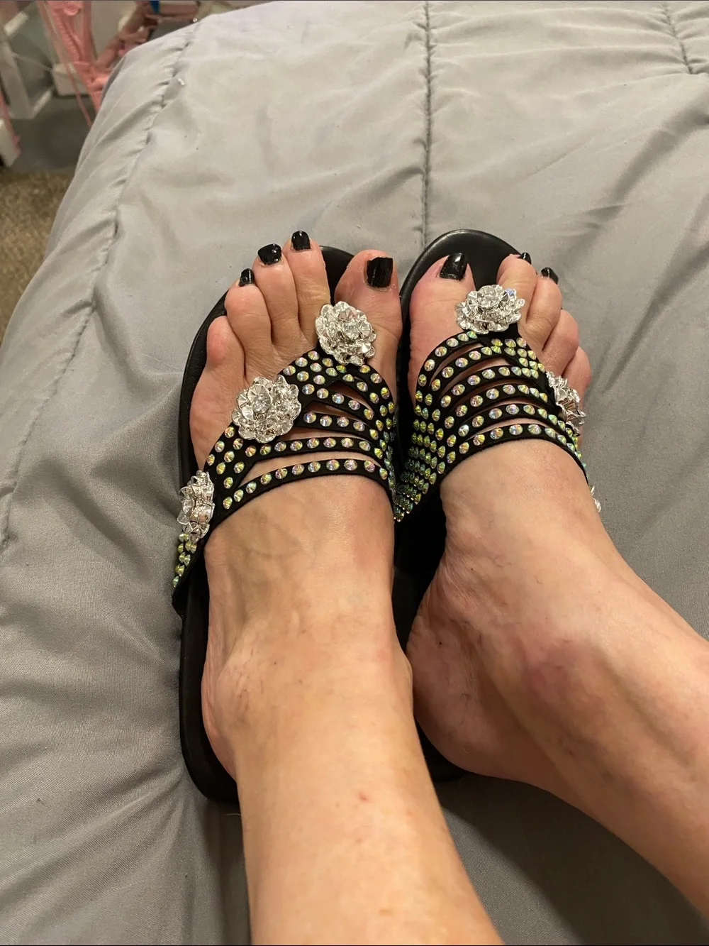 Black Jeweled Floral Slide Sandal
